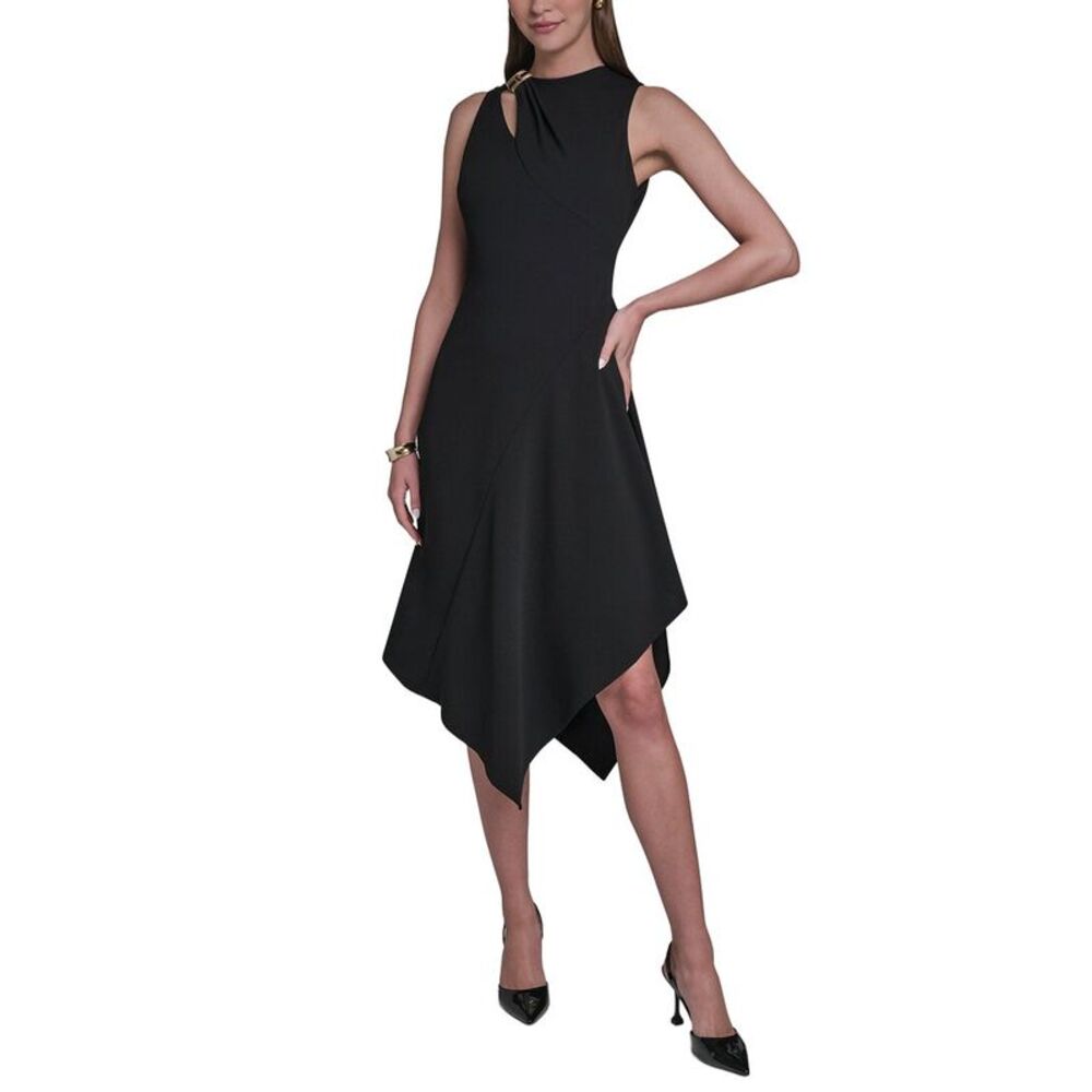 Halston Womens Asymmetrical Hem Midi Dress